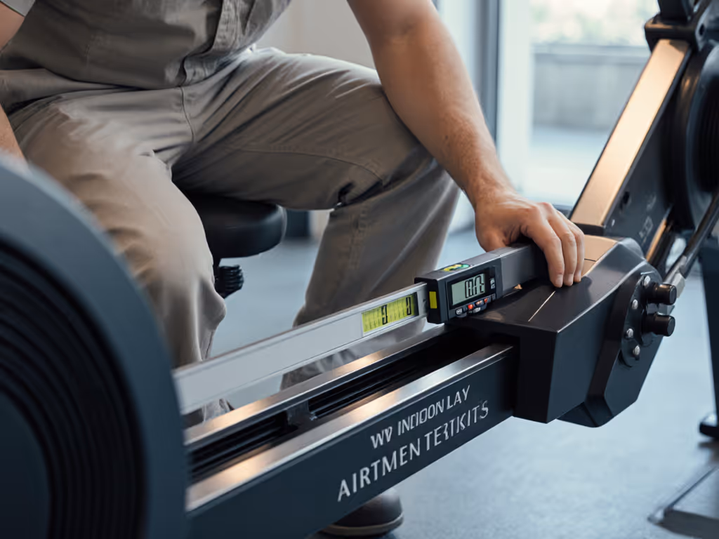 technician_measuring_rowing_machine_rail_alignment